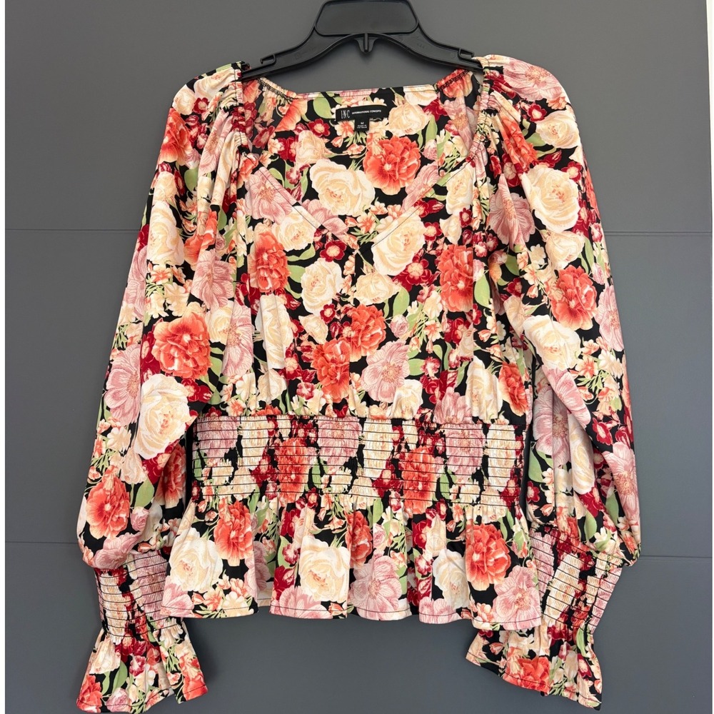 INC International Concepts Floral Smocked Waist Peplum Blouse V-Neck Medium